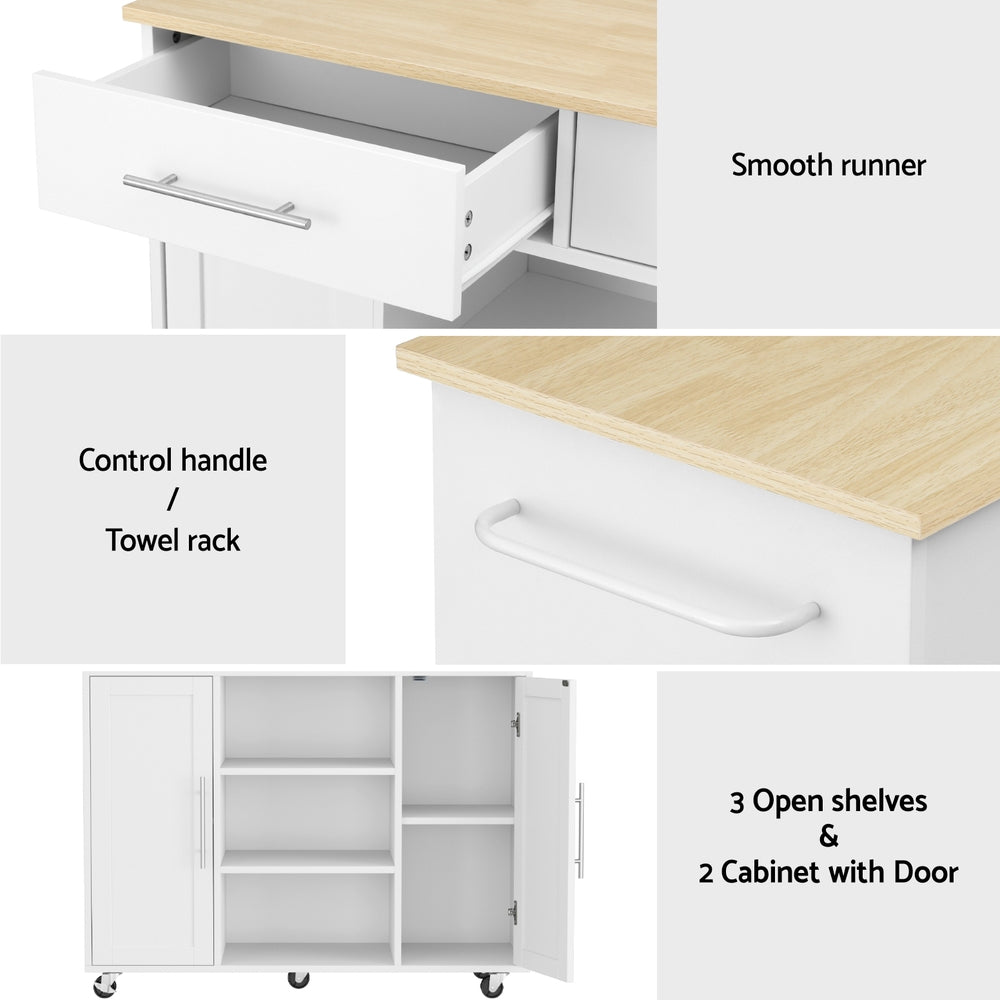 Artiss Kitchen Island Trolley Rolling Serving Cart Storage Drawer Cabinet 100cm White - Image 7