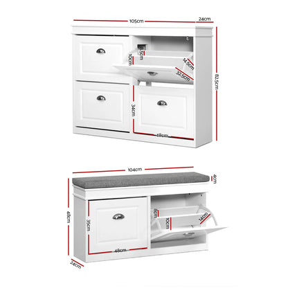Artiss Shoe Cabinet Bench Set Flip Drawer Hallway Living Room White - Image 3