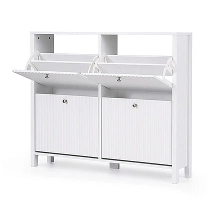 Artiss Shoe Cabinet 4 Flip Drawers Fluted Style Adjustable Shelves White - Image 3