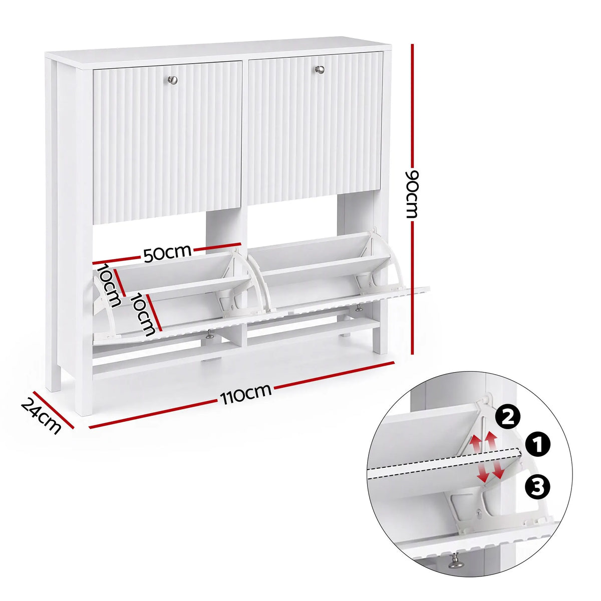 Artiss Shoe Cabinet 4 Flip Drawers Fluted Style Adjustable Shelves White - Image 4