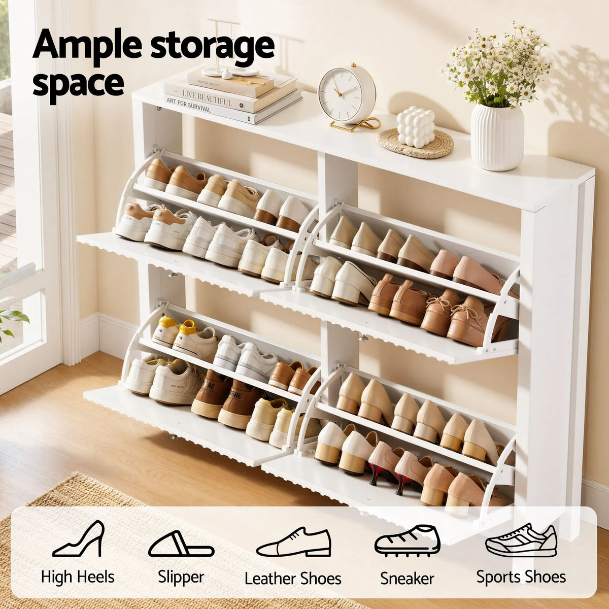 Artiss Shoe Cabinet 4 Flip Drawers Fluted Style Adjustable Shelves White - Image 6