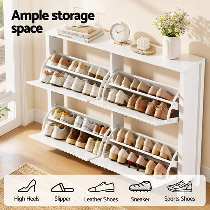 Artiss Shoe Cabinet 4 Flip Drawers Fluted Style Adjustable Shelves White - Image 6