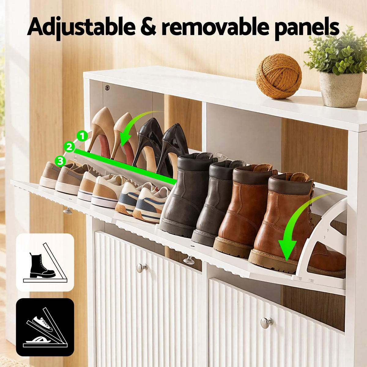 Artiss Shoe Cabinet 4 Flip Drawers Fluted Style Adjustable Shelves White - Image 7