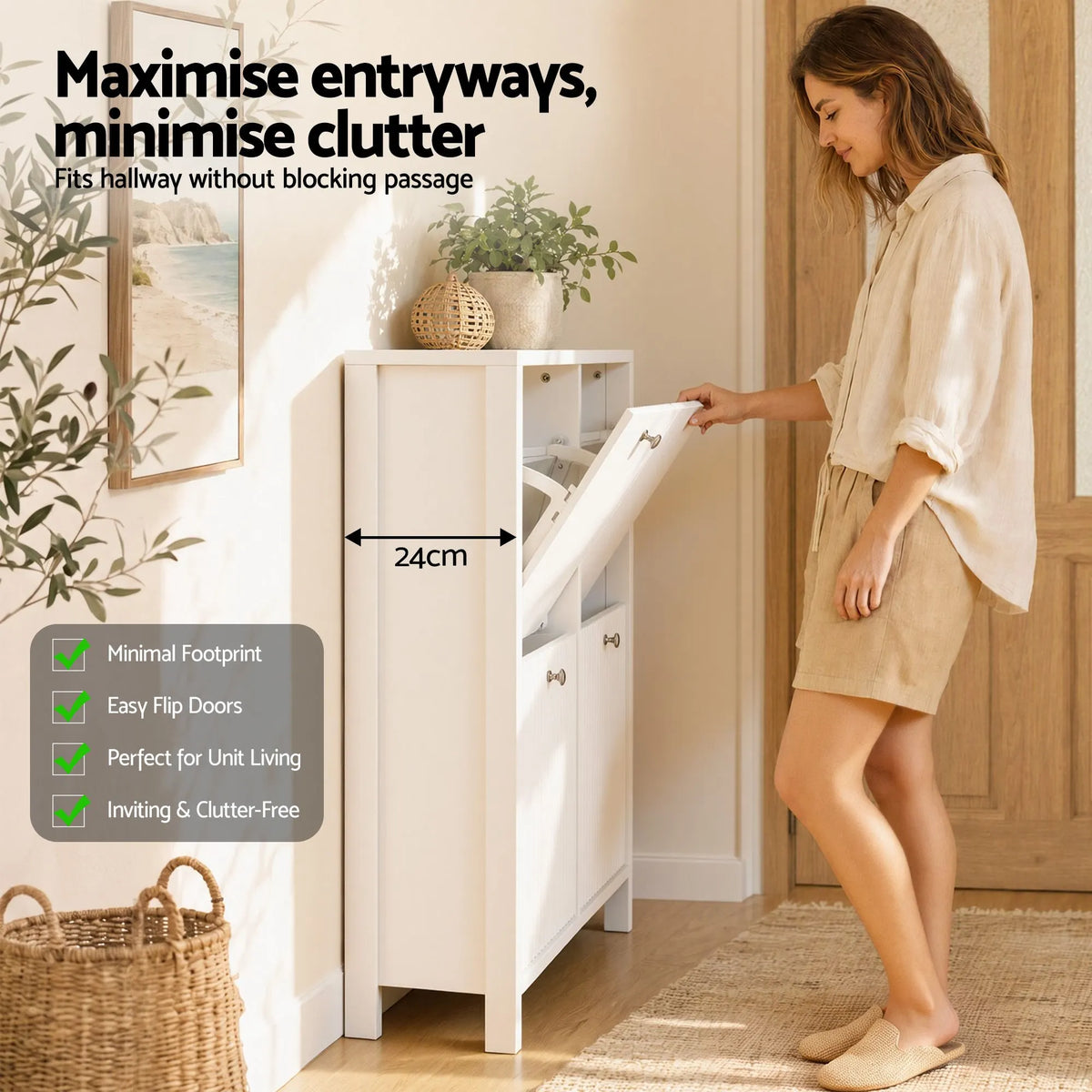 Artiss Shoe Cabinet 4 Flip Drawers Fluted Style Adjustable Shelves White - Image 8