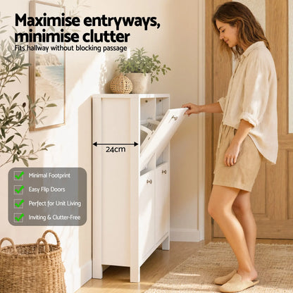 Artiss Shoe Cabinet 4 Flip Drawers Fluted Style Adjustable Shelves White - Image 8