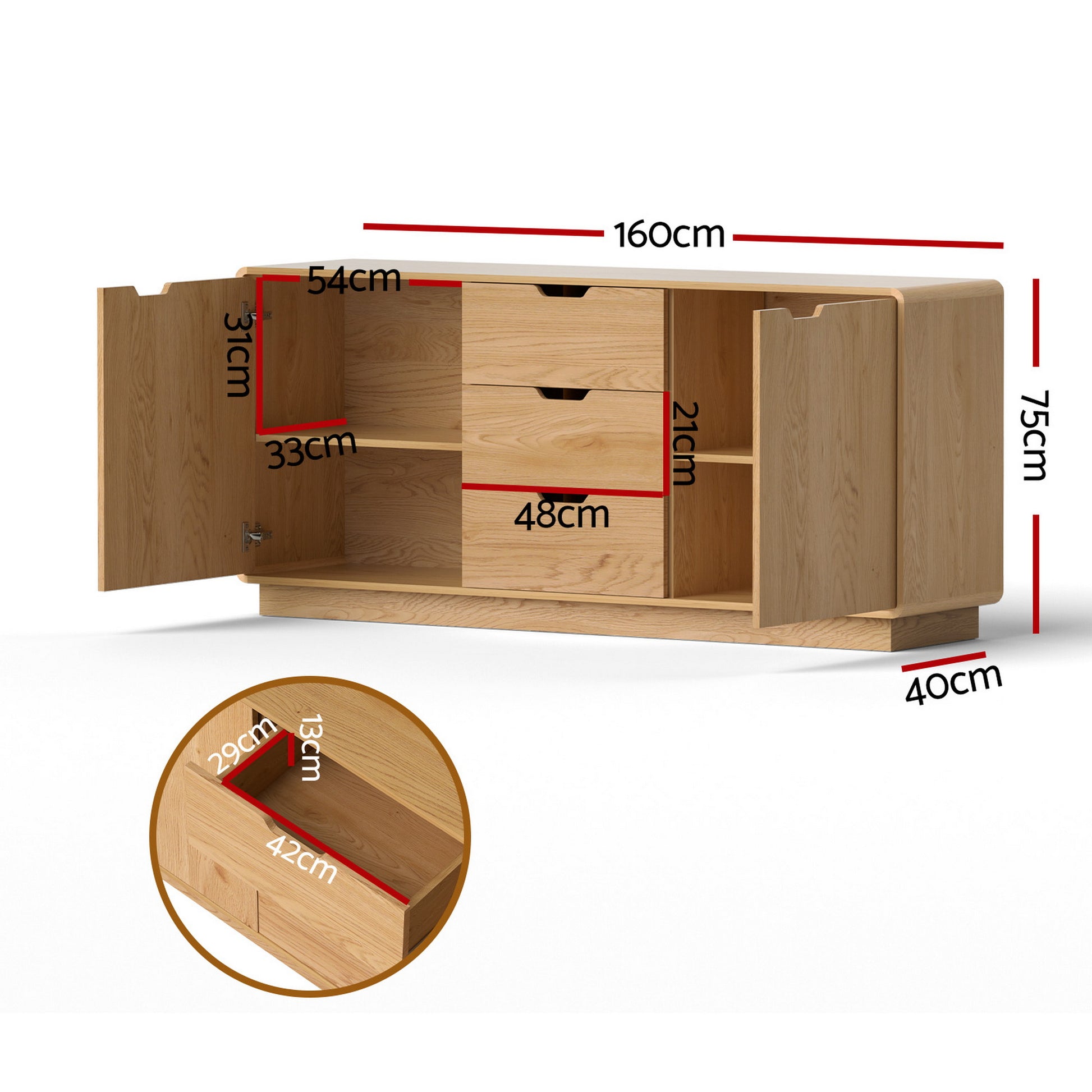 Artiss Buffet Sideboard Cabinet Storage Kitchen Cupboard Drawers Round Edge Oak - Image 3