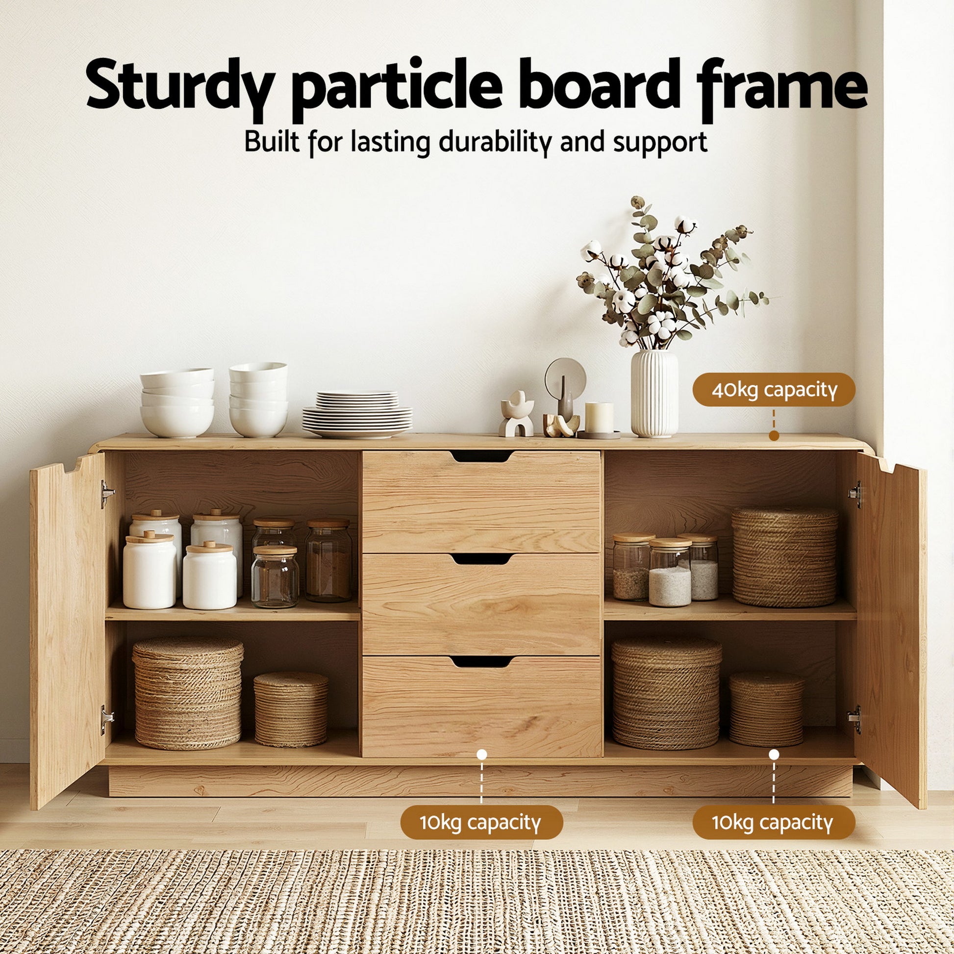 Artiss Buffet Sideboard Cabinet Storage Kitchen Cupboard Drawers Round Edge Oak - Image 5