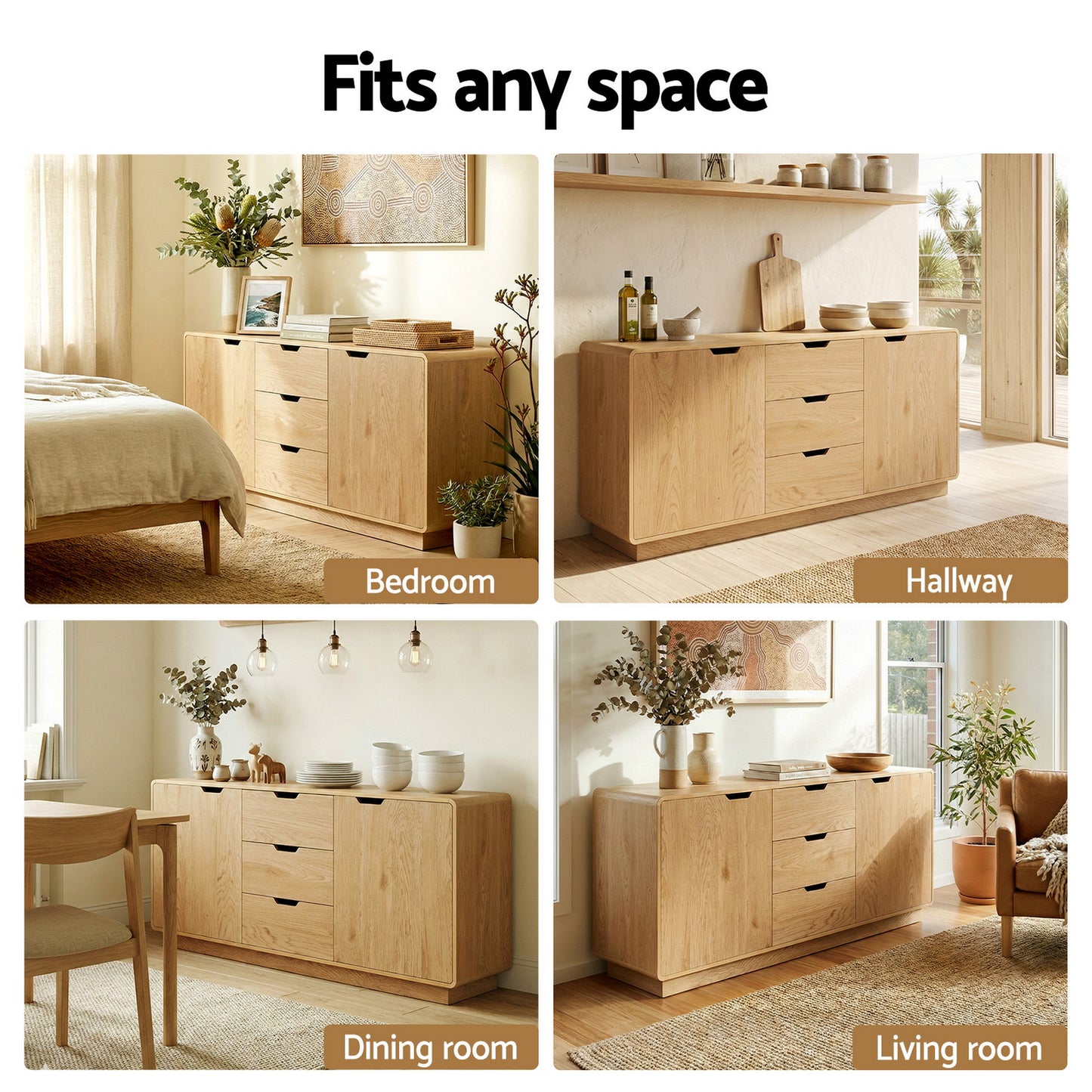 Artiss Buffet Sideboard Cabinet Storage Kitchen Cupboard Drawers Round Edge Oak - Image 9