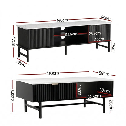 Artiss TV Unit & Coffee Table Set Storage Shelf Black - Image 3