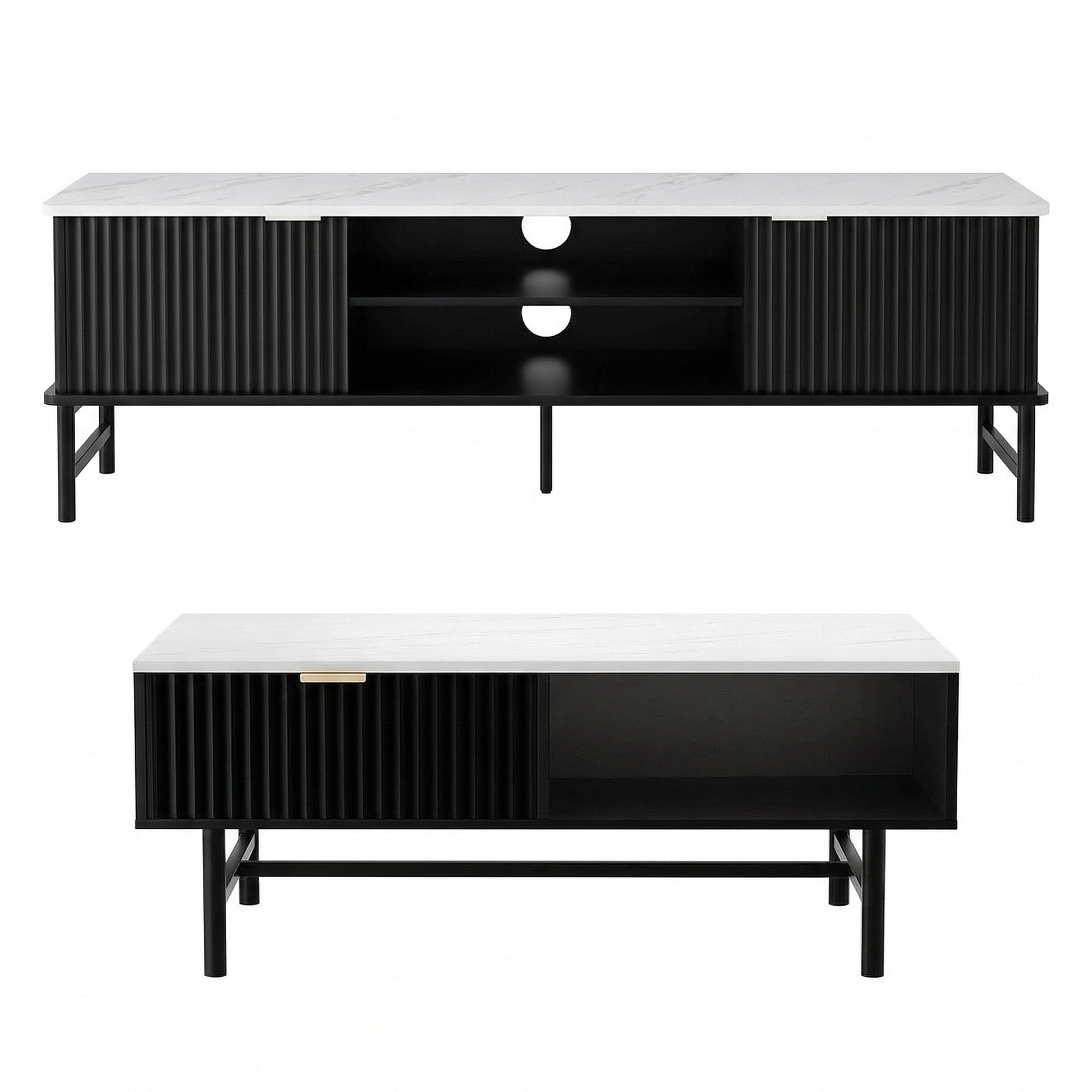 Artiss TV Unit & Coffee Table Set Storage Shelf Black - Image 4