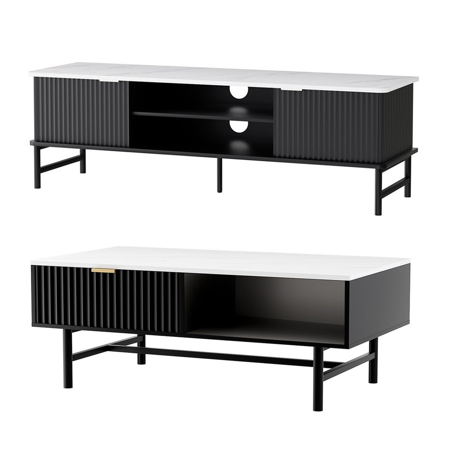 Artiss TV Unit & Coffee Table Set Storage Shelf Black - Image 8