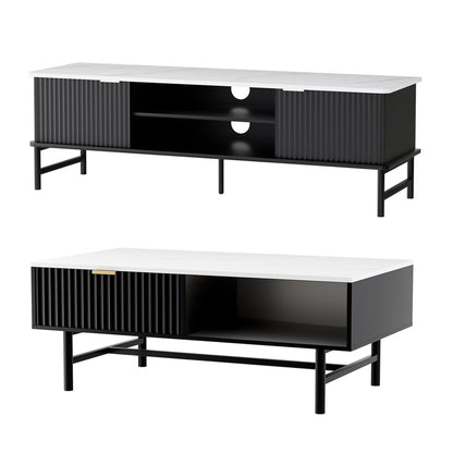 Artiss TV Unit & Coffee Table Set Storage Shelf Black - Image 8