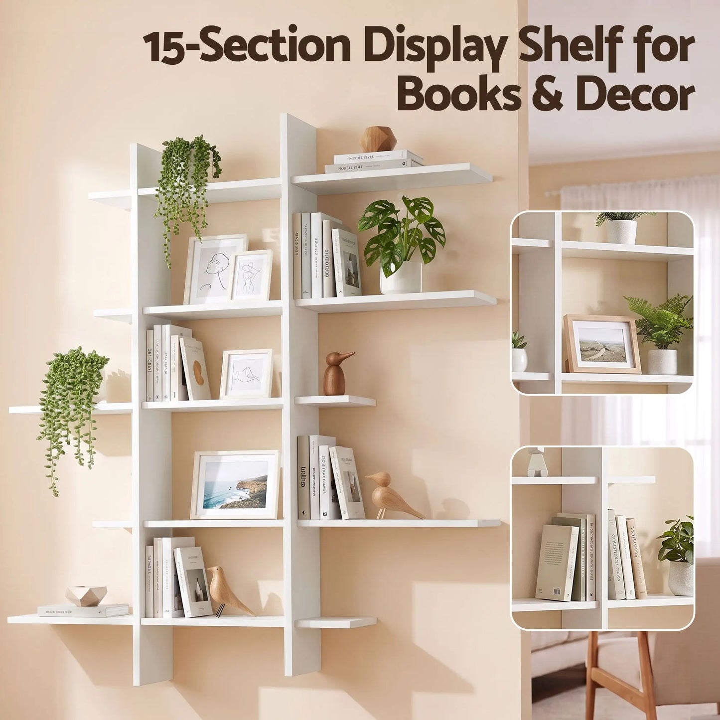 Artiss 15-Section Wall Mounted Display Shelf, Floating Bookshelf for Books and Decor, Extra Thick E1 PB Board for Home Study and Living Room, 116 x 18 x 129 cm - Image 5