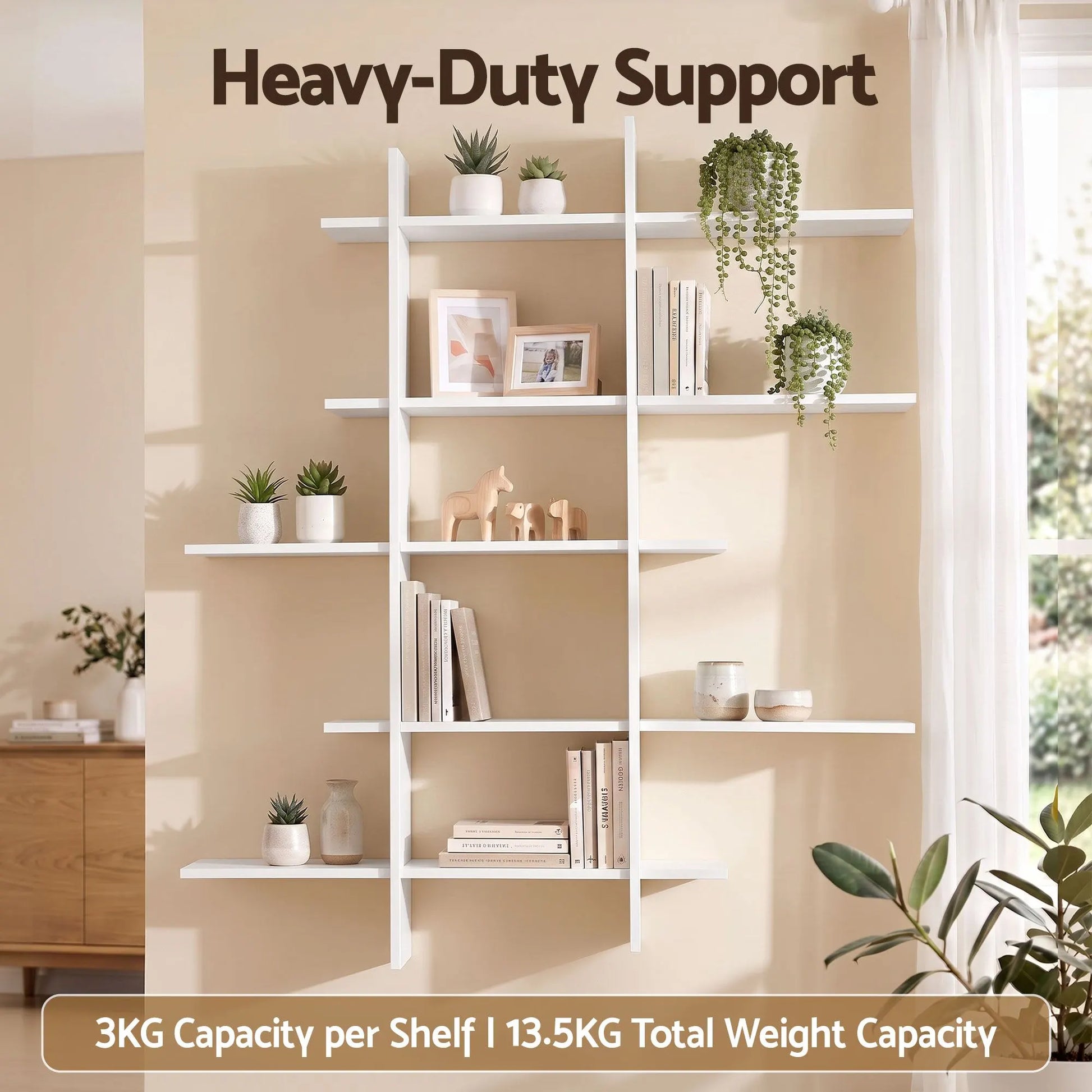 Artiss 15-Section Wall Mounted Display Shelf, Floating Bookshelf for Books and Decor, Extra Thick E1 PB Board for Home Study and Living Room, 116 x 18 x 129 cm - Image 6