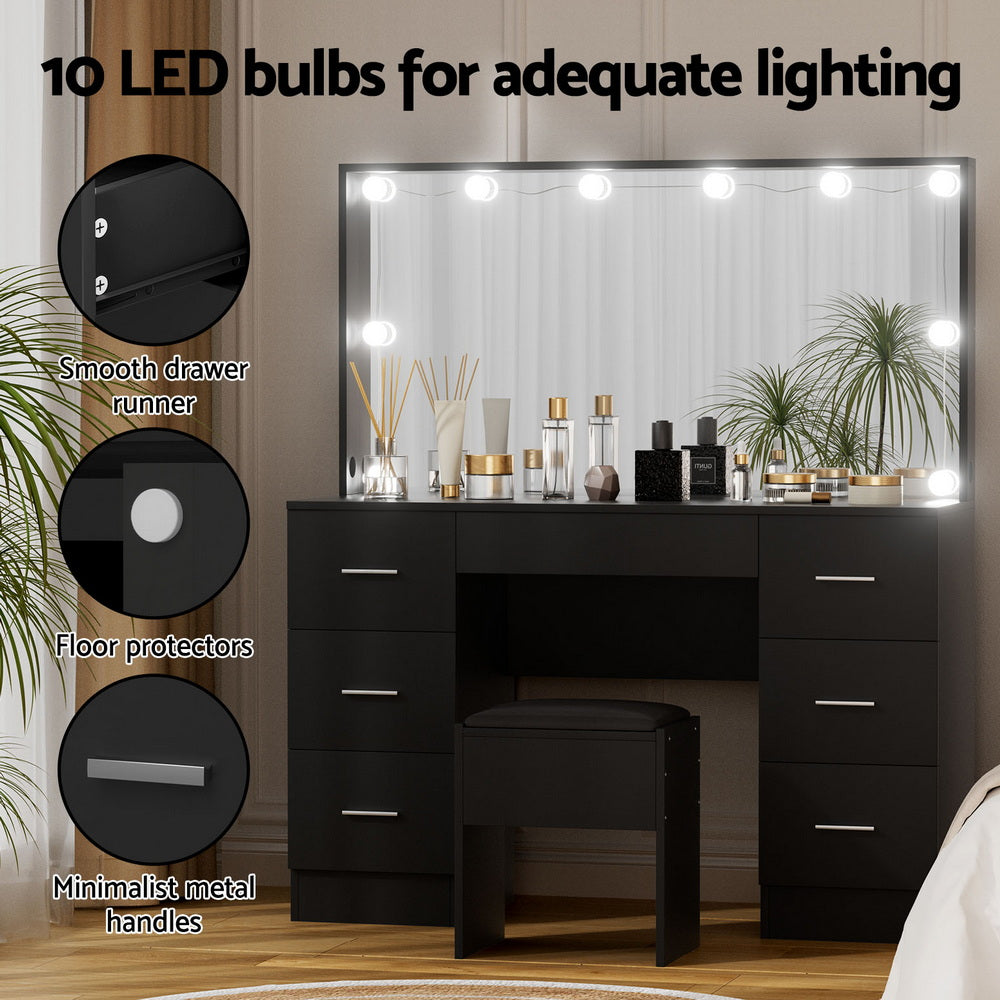 Artiss Dressing Table Vanity Desk Set Stool 10 Led Bulbs Black - Image 7