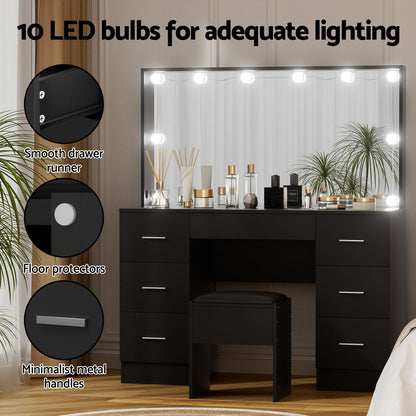 Artiss Dressing Table Vanity Desk Set Stool 10 Led Bulbs Black - Image 7