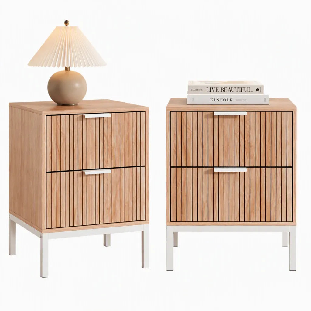 Artiss 2X Bedside Table 2 Drawers Storage Nightstand Cabinet Metal Legs Pine - Image 2