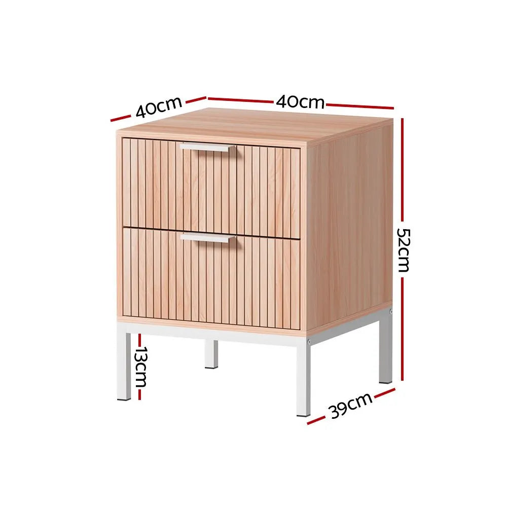 Artiss 2X Bedside Table 2 Drawers Storage Nightstand Cabinet Metal Legs Pine - Image 3