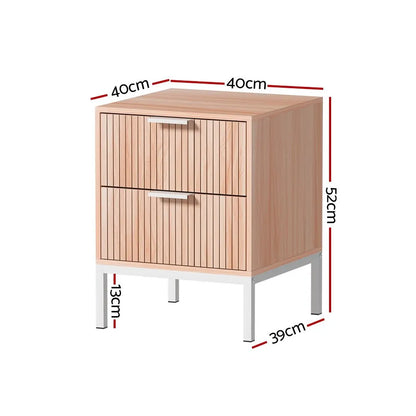 Artiss 2X Bedside Table 2 Drawers Storage Nightstand Cabinet Metal Legs Pine - Image 3