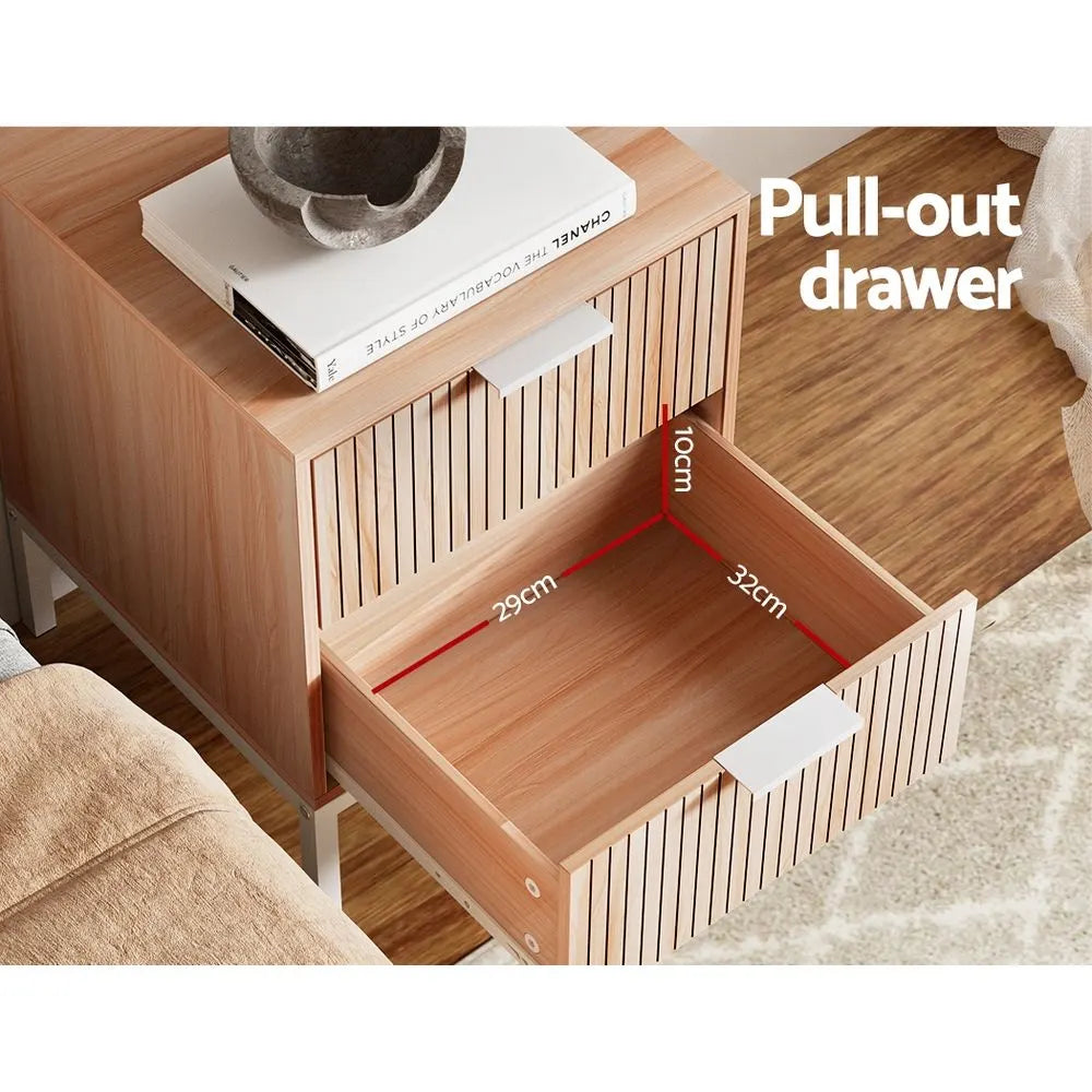 Artiss 2X Bedside Table 2 Drawers Storage Nightstand Cabinet Metal Legs Pine - Image 5