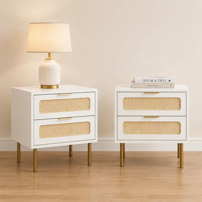Artiss 2x Rattan Bedside Table 2 Drawers White