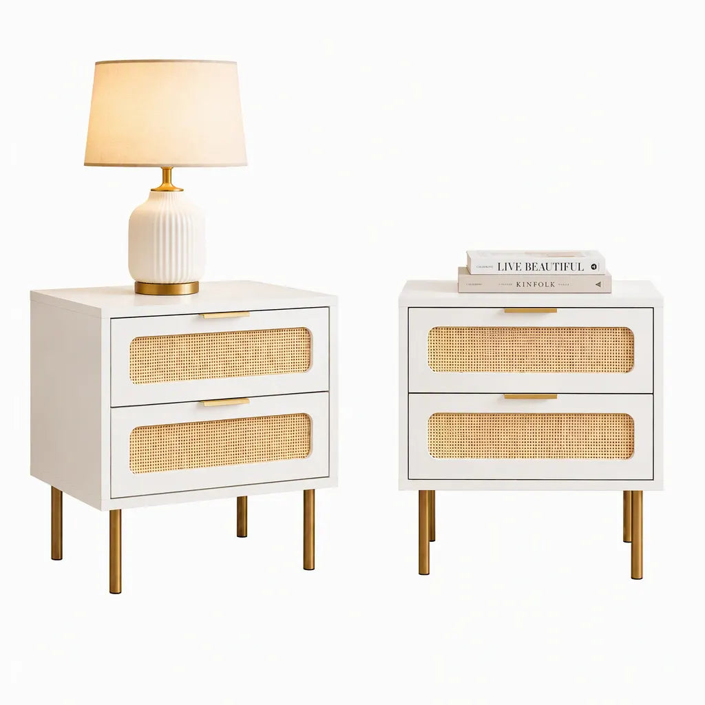 Artiss 2x Rattan Bedside Table 2 Drawers White - Image 2