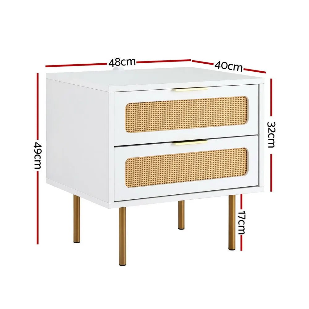 Artiss 2x Rattan Bedside Table 2 Drawers White - Image 3