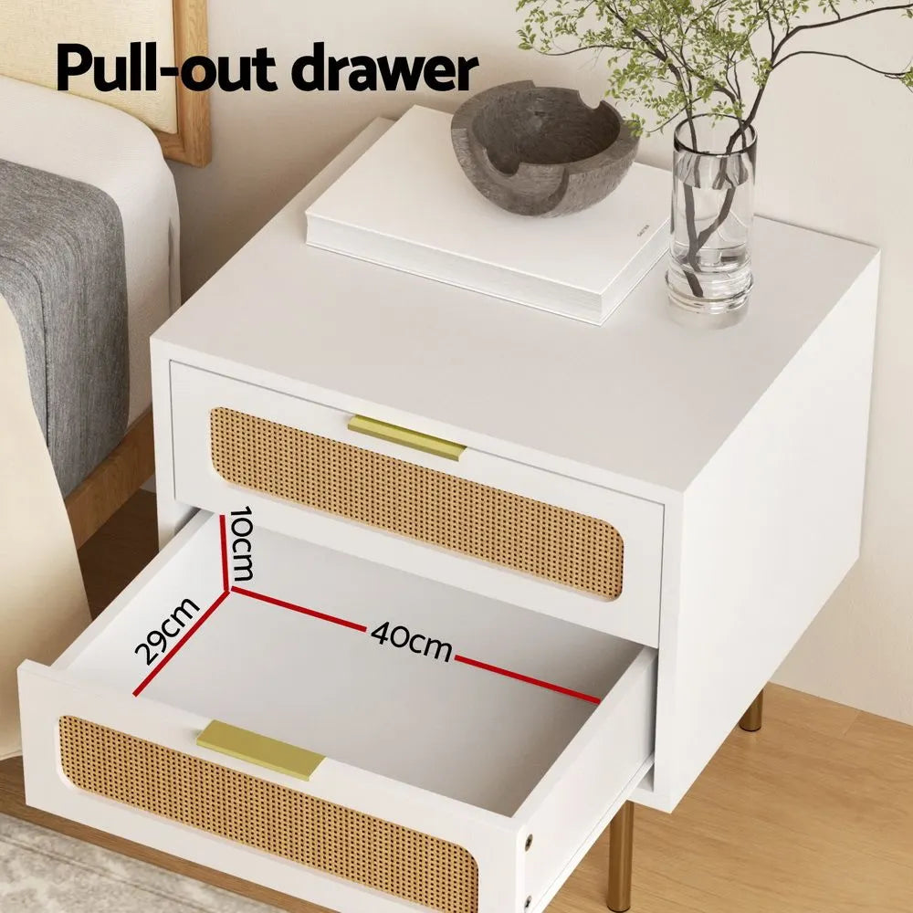 Artiss 2x Rattan Bedside Table 2 Drawers White - Image 5