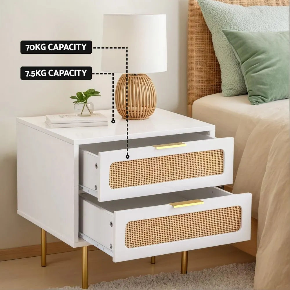 Artiss 2x Rattan Bedside Table 2 Drawers White - Image 6