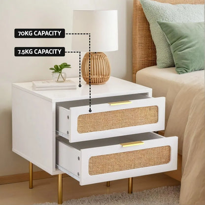 Artiss 2x Rattan Bedside Table 2 Drawers White - Image 6