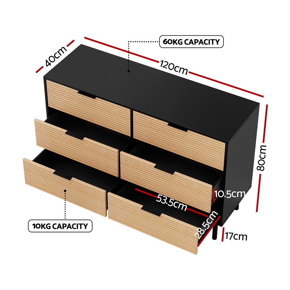 Artiss 6 Chest of Drawers Dresser Table Black&Pine - Image 3