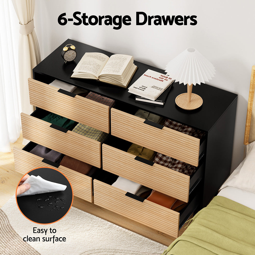 Artiss 6 Chest of Drawers Dresser Table Black&Pine - Image 5
