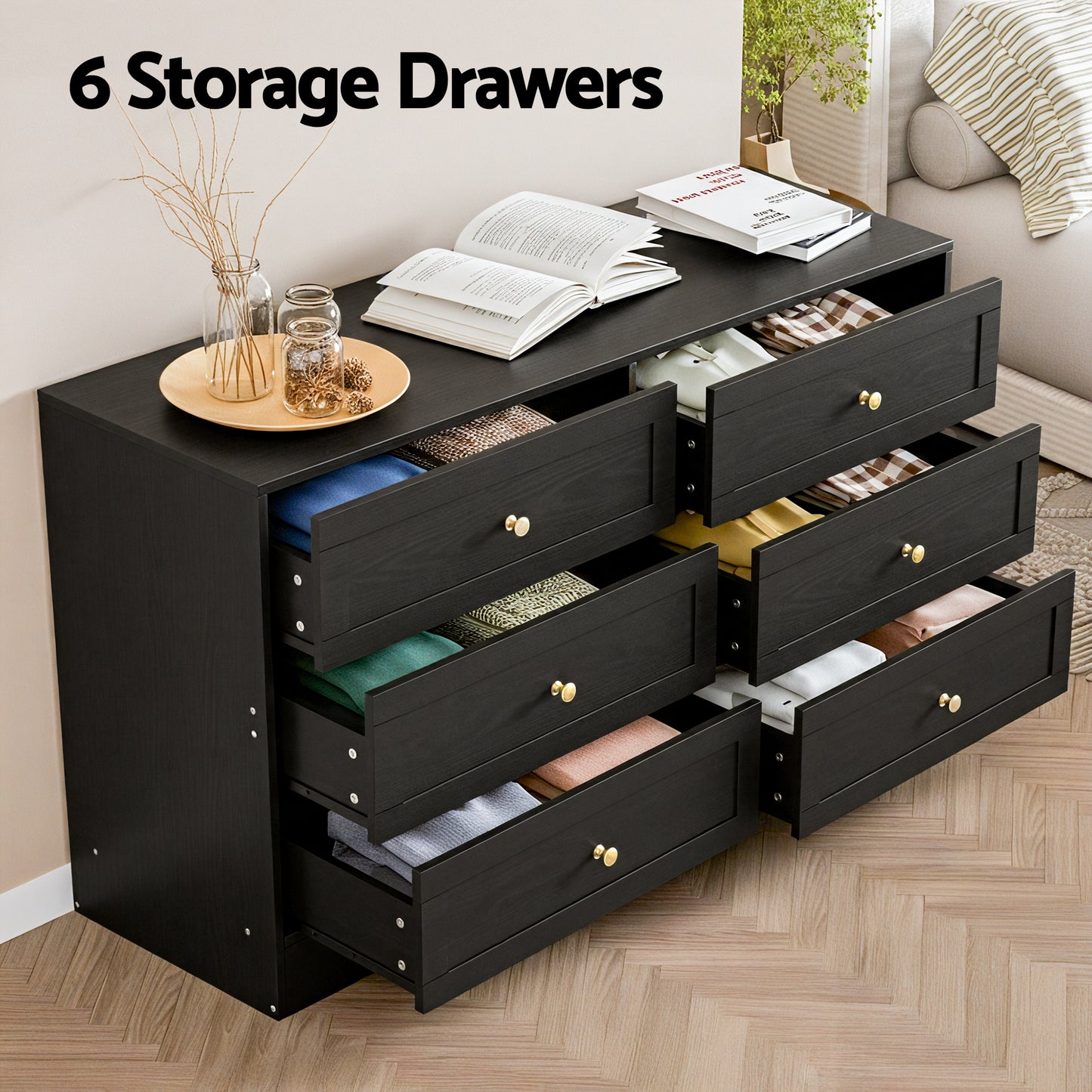 Artiss 6 Chest of Drawers Tallboy Cabinet - LEIF Black - Image 5