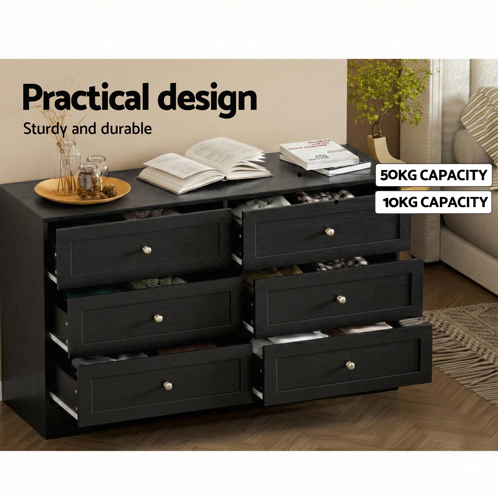 Artiss 6 Chest of Drawers Tallboy Cabinet - LEIF Black - Image 8