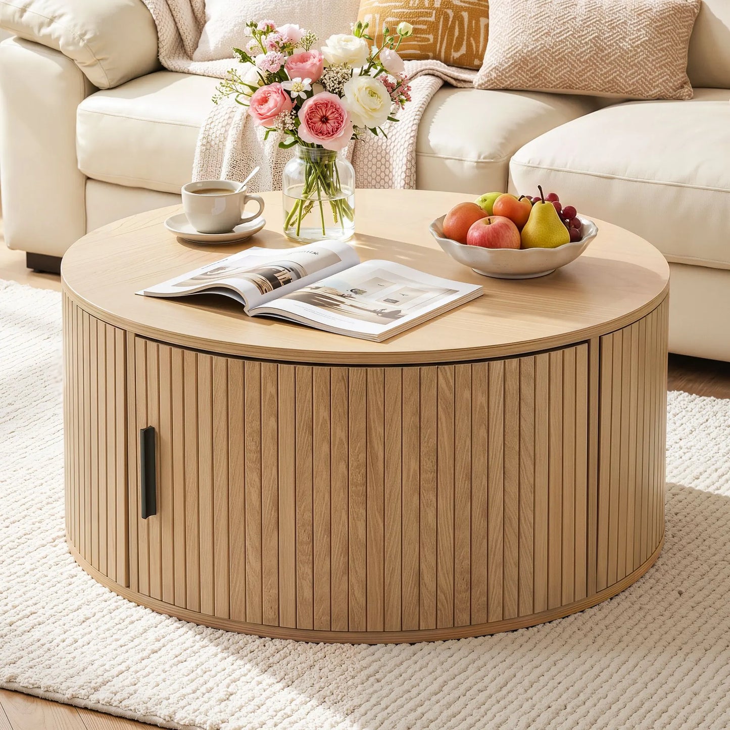 Artiss Round Coffee Table Storage Fluted Center Table Living Room Office 80cm Wood