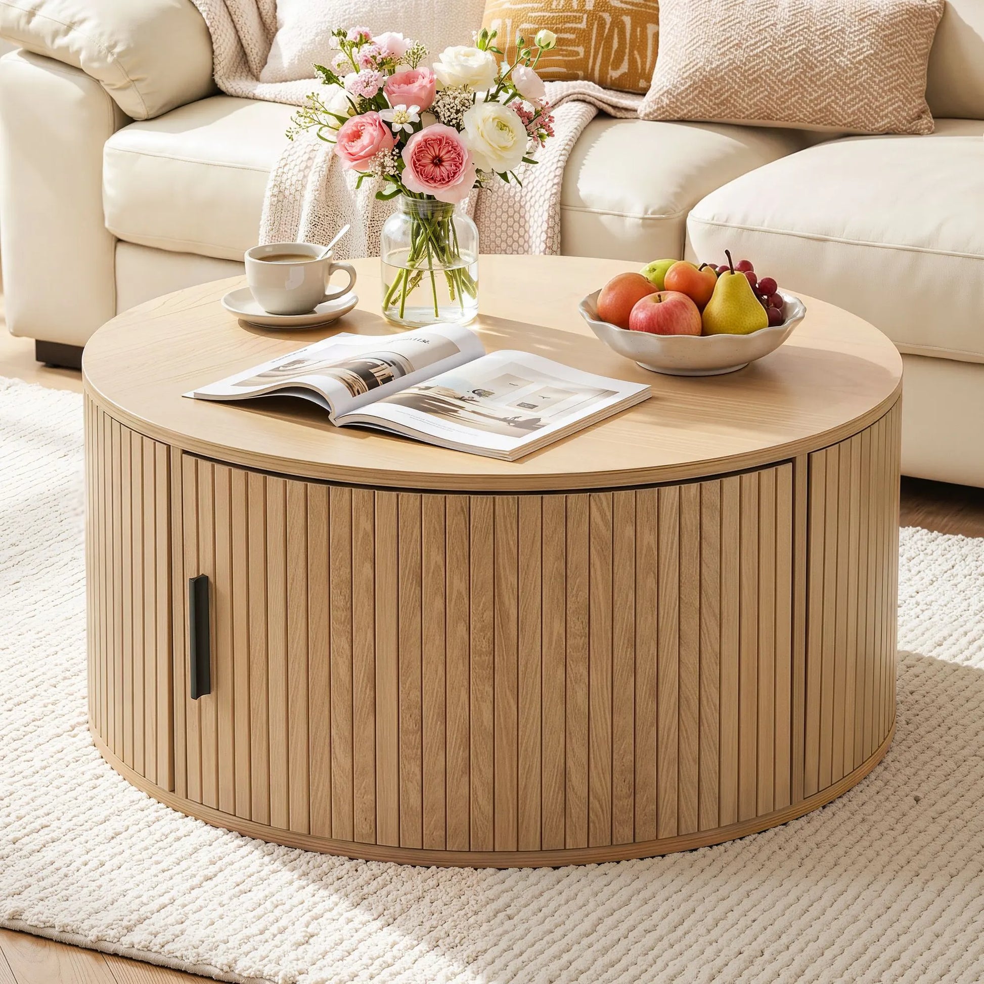 Artiss Round Coffee Table Storage Fluted Center Table Living Room Office 80cm Wood