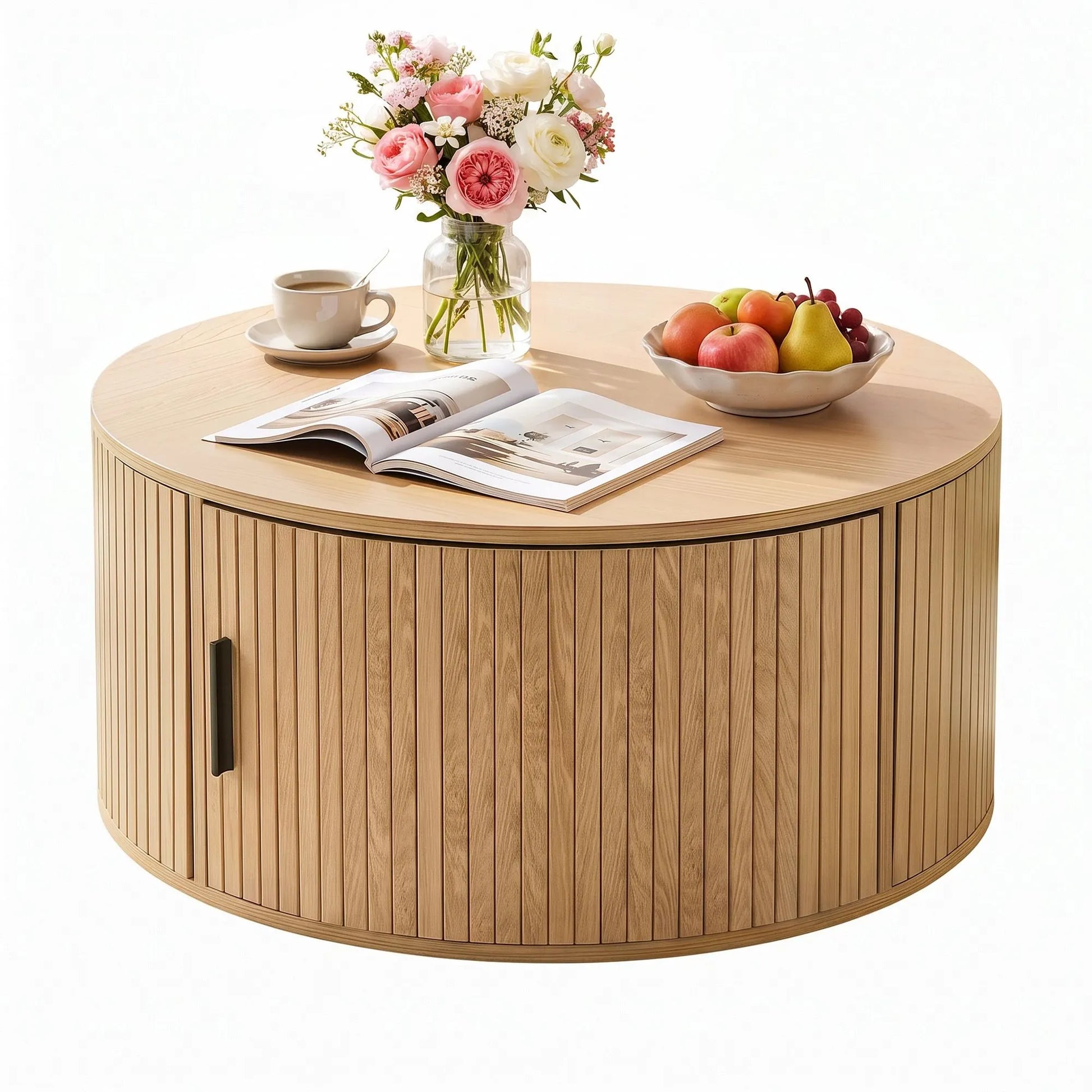 Artiss Round Coffee Table Storage Fluted Center Table Living Room Office 80cm Wood - Image 2