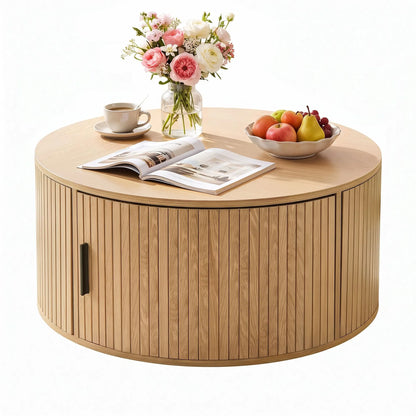 Artiss Round Coffee Table Storage Fluted Center Table Living Room Office 80cm Wood - Image 2
