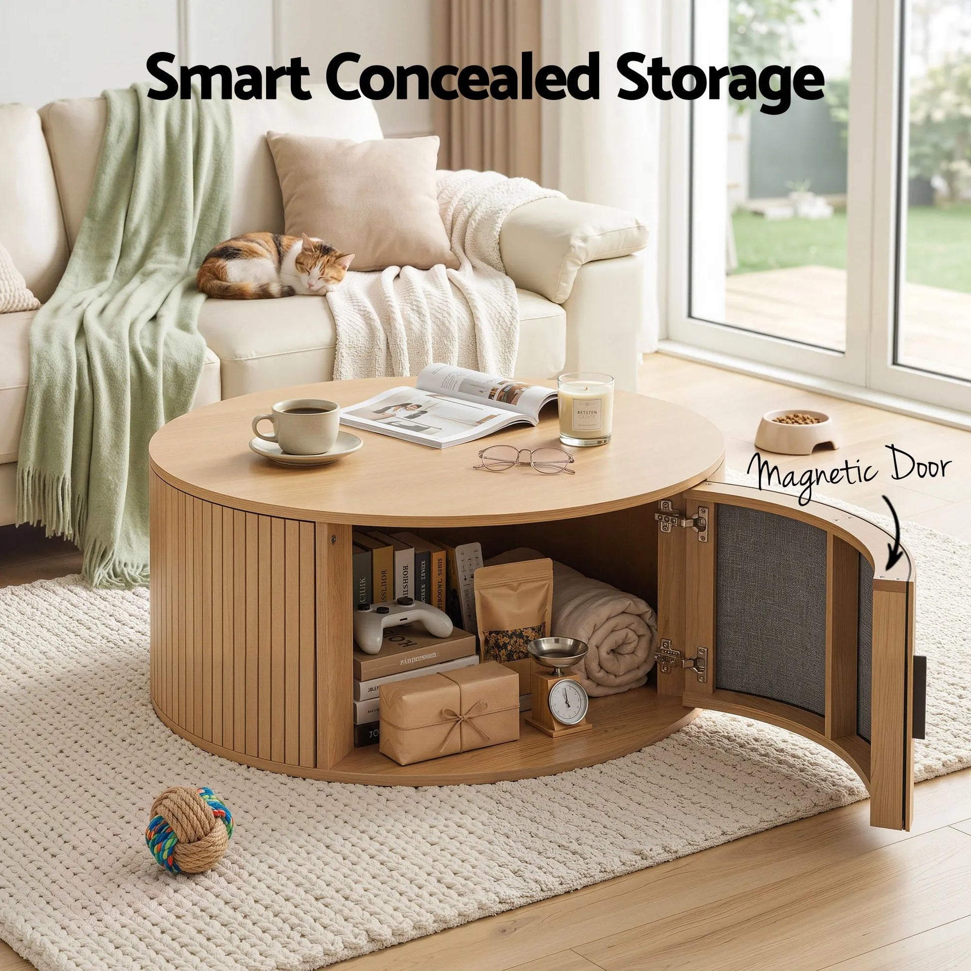 Artiss Round Coffee Table Storage Fluted Center Table Living Room Office 80cm Wood - Image 5