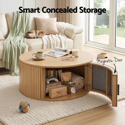 Artiss Round Coffee Table Storage Fluted Center Table Living Room Office 80cm Wood - Image 5