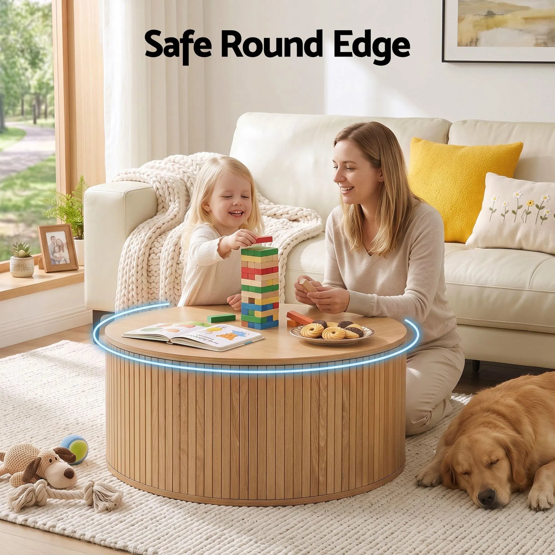 Artiss Round Coffee Table Storage Fluted Center Table Living Room Office 80cm Wood - Image 6