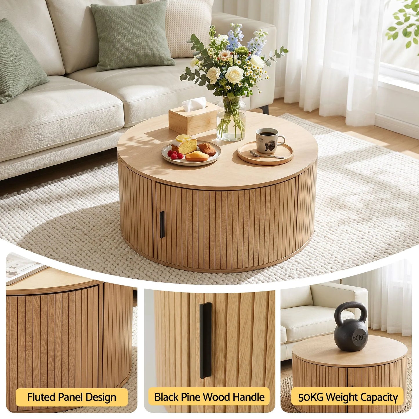 Artiss Round Coffee Table Storage Fluted Center Table Living Room Office 80cm Wood - Image 7
