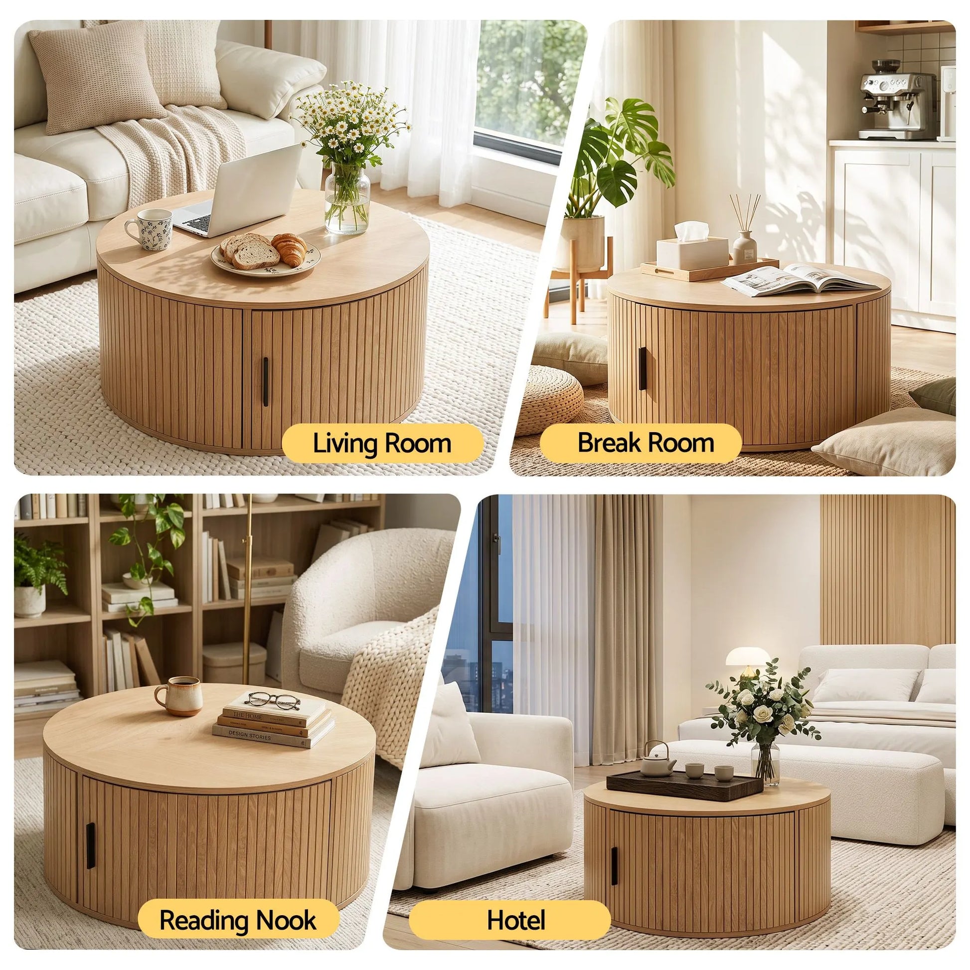 Artiss Round Coffee Table Storage Fluted Center Table Living Room Office 80cm Wood - Image 8