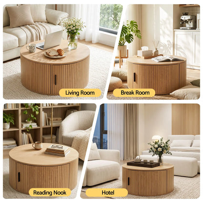 Artiss Round Coffee Table Storage Fluted Center Table Living Room Office 80cm Wood - Image 8