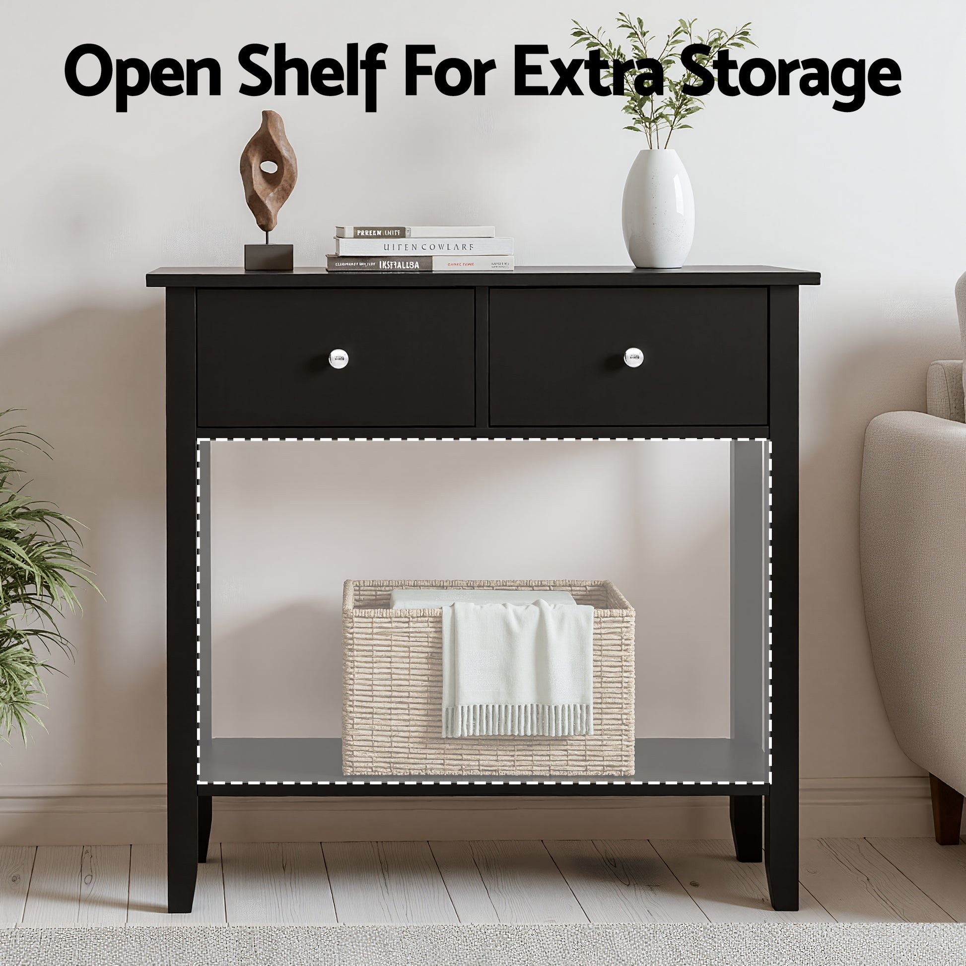 Artiss Console Table Hallway Sofa Entryway Entrance 2 Drawers 80CM Black - Image 5