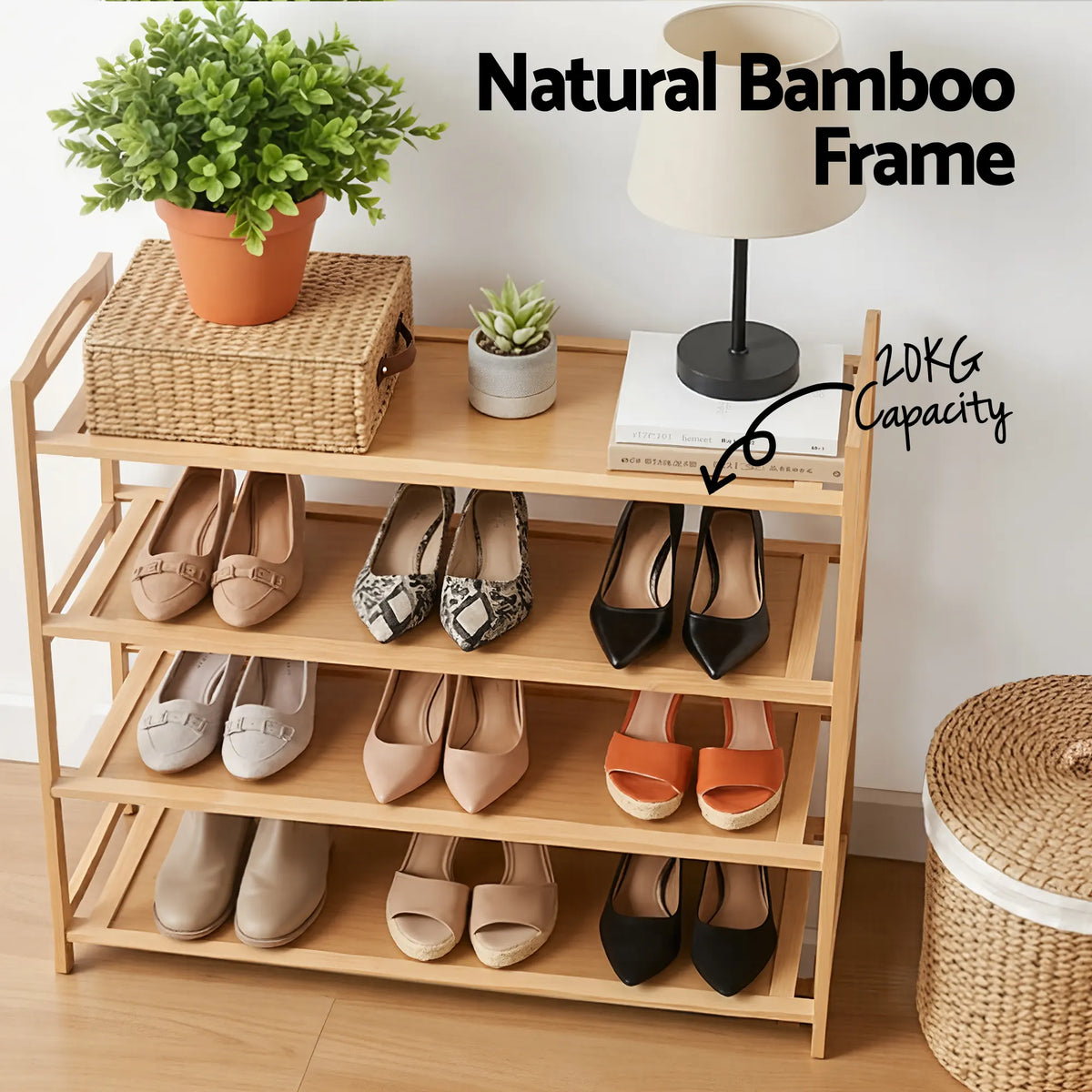 Artiss 4 Tier Shoe Rack Bamboo Storage Organiser Pine - Image 6