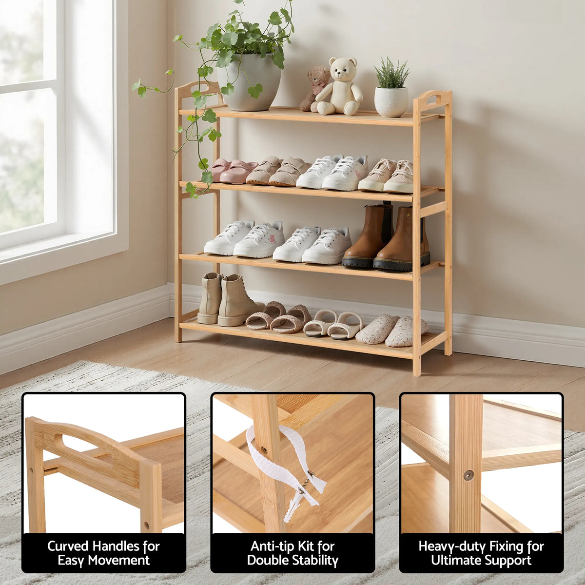 Artiss 4 Tier Shoe Rack Bamboo Storage Organiser Pine - Image 7