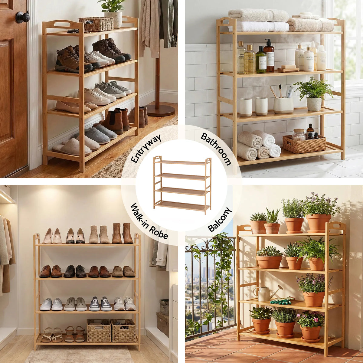 Artiss 4 Tier Shoe Rack Bamboo Storage Organiser Pine - Image 8