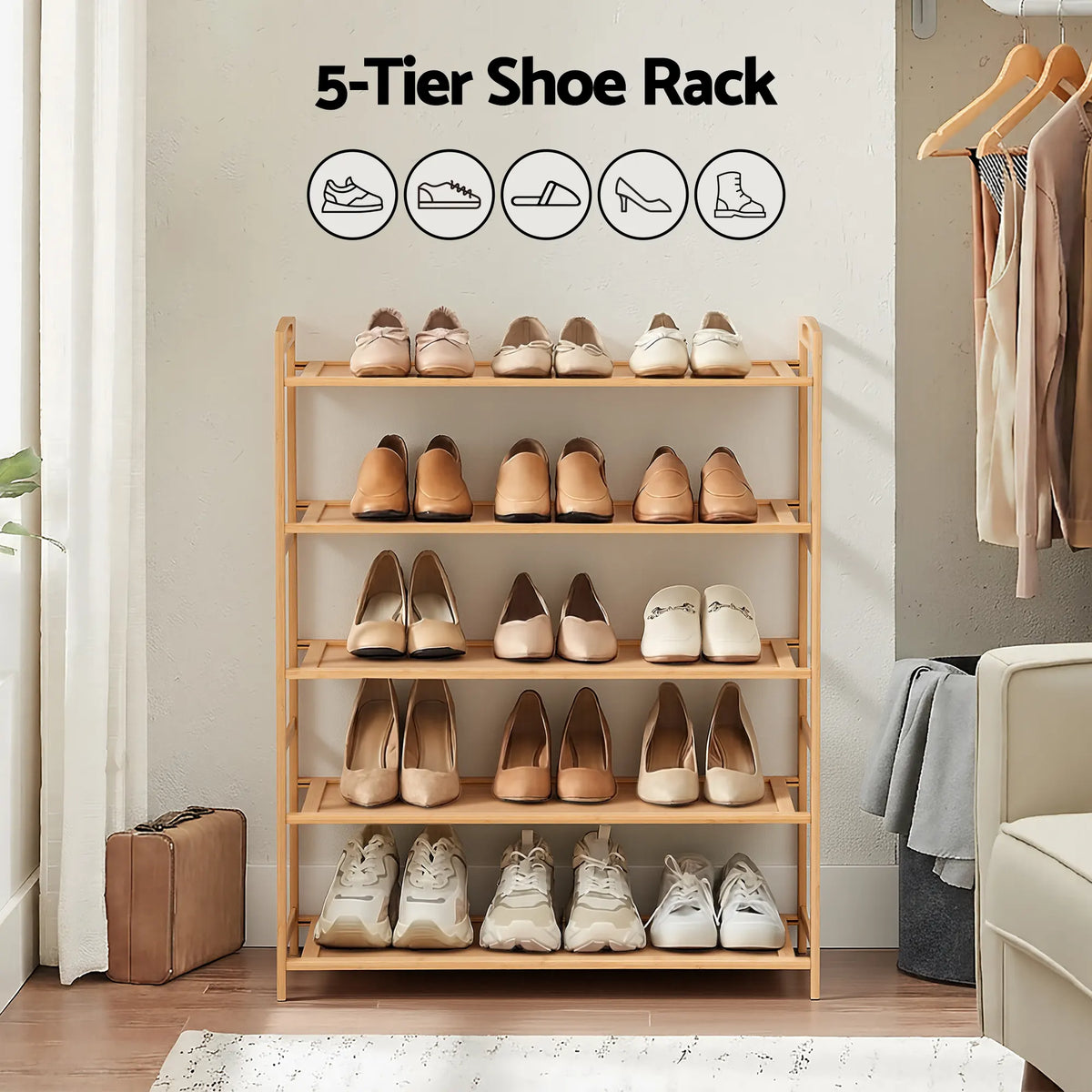 Artiss 5 Tier Shoe Rack Bamboo Storage Organiser Pine - Image 5