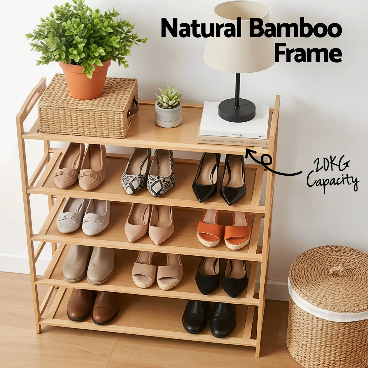 Artiss 5 Tier Shoe Rack Bamboo Storage Organiser Pine - Image 6